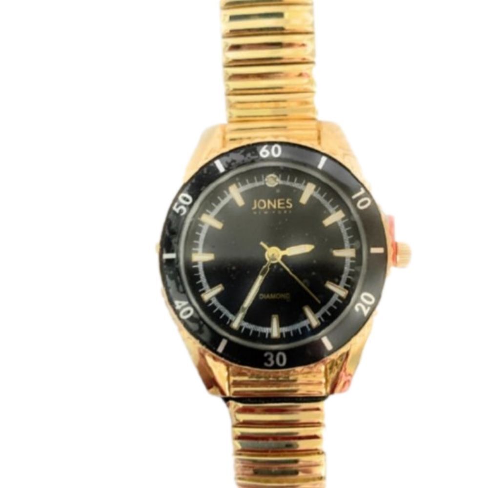 Jones New York Gold Tone Black Dial Diamond Accent Stretch Watch NIB